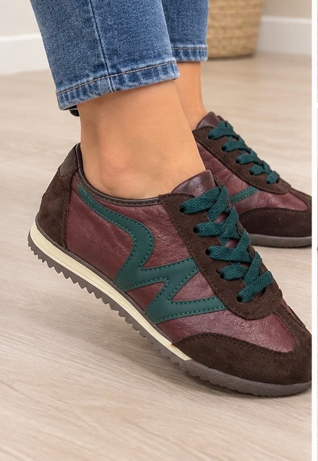 Sneakers μπορντο -καφε με πράσινες λεπτομέρειες 