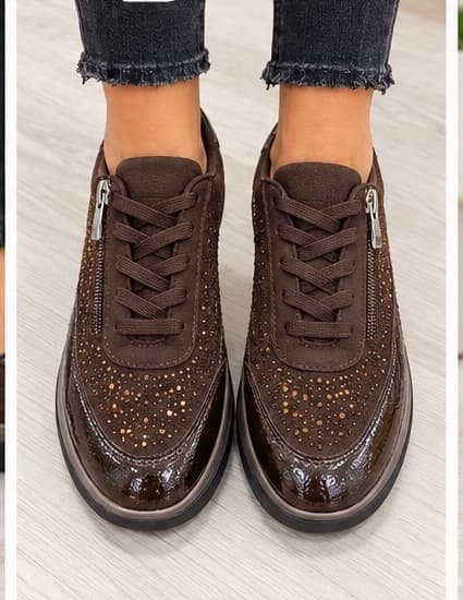 Ανατομικά sneakers καφε με φερμουάρ και κορδόνια 