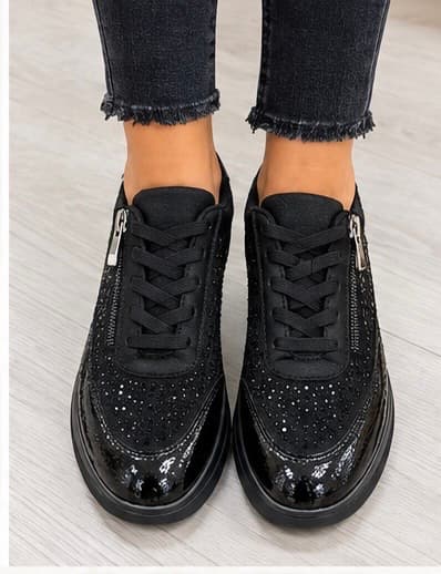 Ανατομικά sneakers μαύρα με φερμουάρ και κορδόνια 