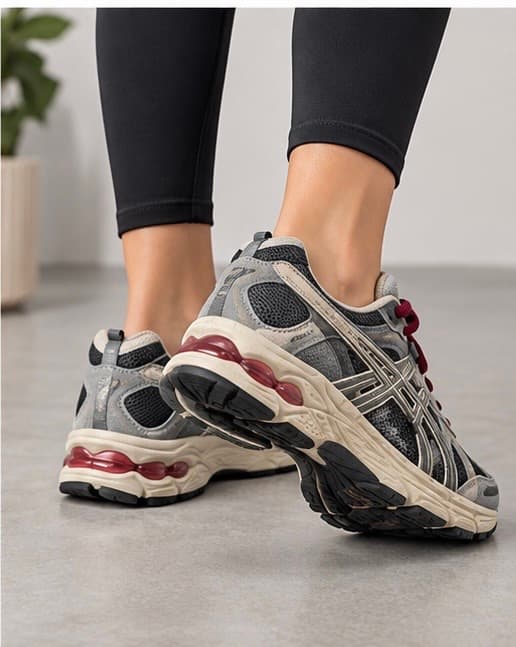 Sneakers γκρι-μπεζ και μπορντό λεπτομέρειες 